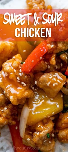 sweet and sour chicken with peppers on top