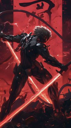 an anime character holding two swords in front of red and black background with lightnings