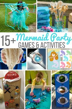 a collage of photos with the words mermaid party games and activities