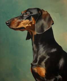 a painting of a dachshund dog sitting in front of a green background