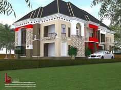 this is an artist's rendering of a two story house with red trimmings