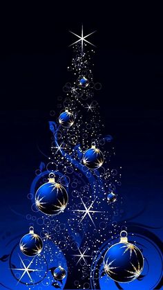 a blue christmas tree with gold ornaments and stars on the top, against a black background