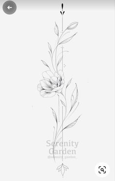 a black and white drawing of a flower on a white background with the words serenity garden written below it