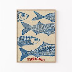 a blue and white drawing of fish on a beige background with the words sardines