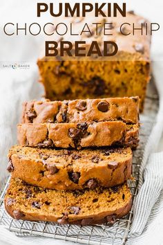 pumpkin chocolate chip bread is stacked on top of each other with the words, pumpkin chocolate chip bread