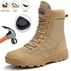 this heavy duty work boot performs well in construction, welding, warehouse, roofing, riding motorcycles and so on.which not only used in construction industry factory roofing work but also used in outdoor sport and hiking shoes. Size: 10.5.  Color: Yellow.  Gender: unisex.  Age Group: adult. Hiking Desert, Mens Steel Toe Boots, Desert Combat Boots, Motorcycle Riding Boots, Sand Shoes, High Quality Boots, Work Sneakers, Steel Toe Boots, Steel Toe Work Boots