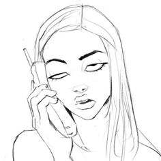 a drawing of a woman talking on a cell phone while holding her hand up to her face