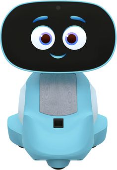 a blue and black robot with big eyes