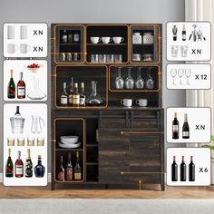 an open cabinet with wine bottles and glasses on it's shelves next to a potted plant