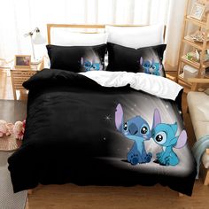 a bed with two pillows on top of it, and a cartoon character in the middle