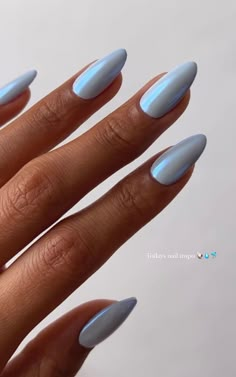 Fun Nails Almond Shape, Pastel Blue Acrylics, Subtle Blue Nails, Blue Powder Dip Nails, Nail Ideas Blue, Classy Nail Art Ideas, Almond Nails Designs