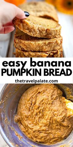 easy banana pumpkin bread in a bowl with text overlay