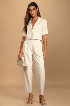 The Lulus Posh Company Ivory Pleated High-Waisted Trouser Pants will take your confidence levels to new heights! These dress pants are composed of woven fabric that shapes a pleated high-rise silhouette (with elastic at the back for fit), belt loops, a fabric-covered top button, and a hidden zip-fly. Relaxed, straight pant legs with side seam pockets end at ankle-length hems. Pair with the matching blazer for a complete look! Fit: This garment fits true to size. Length: Ankle length. Size medium Short Sleeve Blazer Outfit, Short Blazer Outfits, Crop Blazer Outfit, Summer Business Casual Outfits, Summer Business Casual, Short Sleeve Suit, Business Casual Summer, Wedding Jumpsuit, Work Fits