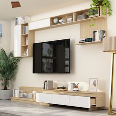 a living room with a large flat screen tv mounted to the side of a wall