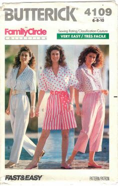 Vintage 1980s Butterick Sewing Pattern #4109 Spring & Summer Wardrobe Separates Misses Size: 6, 8 & 10 This Vintage 80s Butterick Family Circle Collection sewing Pattern is new, uncut & complete with original factory folds. It is classified as fast & "very easy" to sew. It is an out of print pattern, copyright 1989. The very loose fitting top has notched collar, dropped shoulders, button up front, shoulder pads, pockets and above elbow sleeves with stitched hems. Narrow hem. View A top is croppe Fashion Trend Pattern, 60s Fashion Trends, Drop Shoulder Top, Family Circle, Butterick Pattern, Butterick Sewing Pattern, Couture Vintage