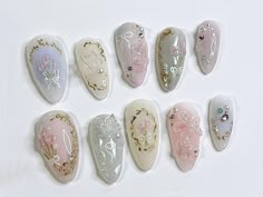 Regency Nails, Bridgeton Nails, Cute Coquette Nails, Manhwa Nails, Shoujo Nails, Princess Nails Aesthetic, Bridgerton Nails Ideas, Rococo Nails, Korean Spring Nails