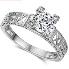 Round Solitaire Center Stone Raised Prong Setting Eiffel Tower Style Band Platinum Plated Firm Price/No Trades Engagement Ring Color, Hollow Ring, Wedding Jewelry For Bride, Tower Design, Colored Engagement Rings, Simple Engagement Rings, Wedding Party Jewelry, Luxury Rings, Rhinestone Ring