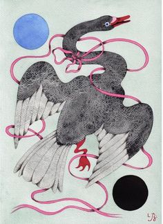 a drawing of two birds in flight with pink ribbons around their necks and one bird on its back