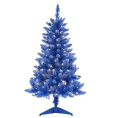 a blue christmas tree with white lights on it's top and bottom branches, in front of a white background