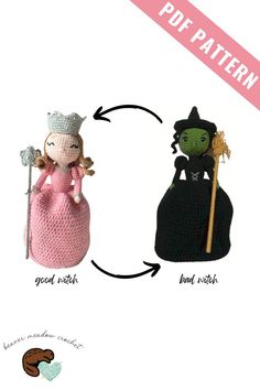 two crocheted dolls are shown with the words, pof pattern and good witch