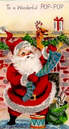 an old fashioned christmas card with santa claus holding a gift bag and pointing at it