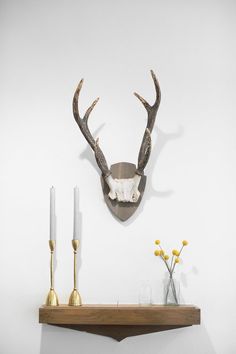 a deer's head mounted on the wall above a mantle with candles and vases