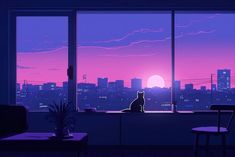 a cat is sitting on a window sill looking out at the city and sunset