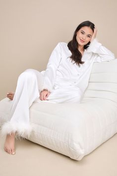 Dreamiest Delight White Satin Feather Two-Piece Pajama Set Feather Bride Pajamas, Different Bridesmaid Pajamas, Boho Wedding Pajamas, Bridal Getting Ready Loungewear, Bridesmaid Pyjamas Winter, Bridal Party Pajama Sets Silk, Bridal Pajamas Winter, Bridal Robe Getting Ready Satin, Wedding Pajamas Dress