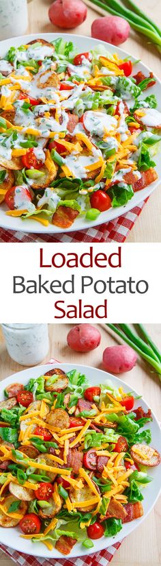 loaded baked potato salad on a white plate