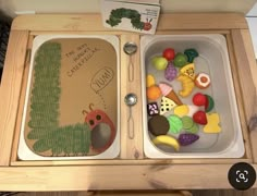 the very hungry caterpillar tray is filled with fruits and vegetables