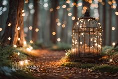 a birdcage filled with lights sitting in the middle of a forest