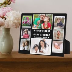 a wooden table topped with a vase filled with flowers next to a sign that says world's best adult and uncle