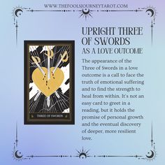 an image of a card with the words upright three of swords as a love quote