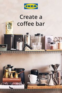 a shelf with coffee cups and other items on it that says create a coffee bar