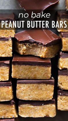 no bake peanut butter bars stacked on top of each other with text overlay