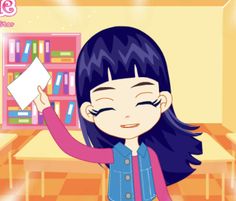 an animated girl holding up a piece of paper