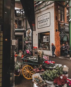 an outdoor market with lots of flowers and plants on the sidewalk in front of it