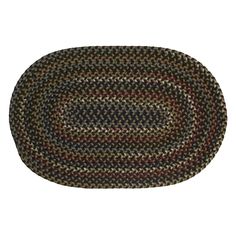 the oval rug is made from multicolored wool and has a braiding pattern