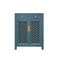 a blue cabinet with two doors and gold handles on the front, sitting against a white background