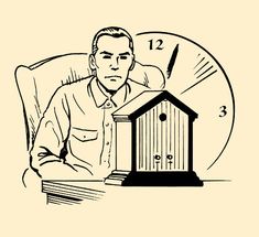 a man sitting at a desk with a birdhouse in front of him and the clock behind him