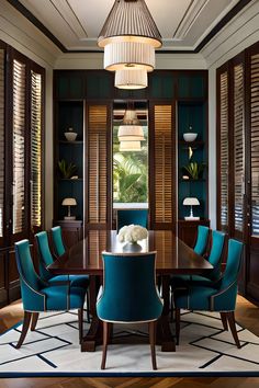 an elegant dining room with blue chairs and wood trimming on the walls, along with wooden shuttered windows