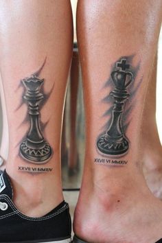 two tattoos on the legs of people with chess pieces