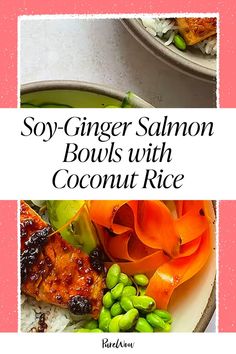 the cover of soy ginger salmon bowls with coconut rice