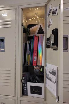 the lockers are filled with books and binders for storing files or folders