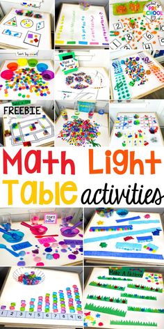 many different pictures of colorful paper and crafting materials with the words math light table activities