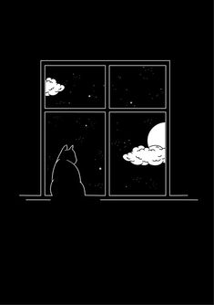 a black and white drawing of a cat looking out a window at the night sky