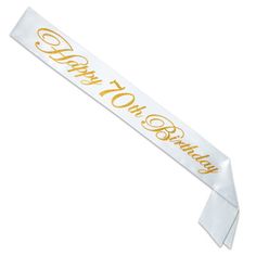 a white sash with gold lettering on it