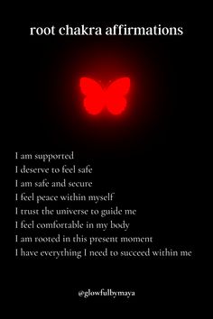 root chakra affirmations by glowfulbymaya [positivity grateful motivational happiness self love spirituality] Root Chakra Affirmations, Chakra Healing Meditation, Crystal Healing Chart, Chakra Health