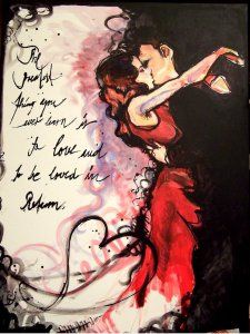 a painting with words written on it and an image of a woman in red dress