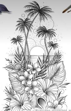 a drawing of flowers and palm trees with the sun in the background